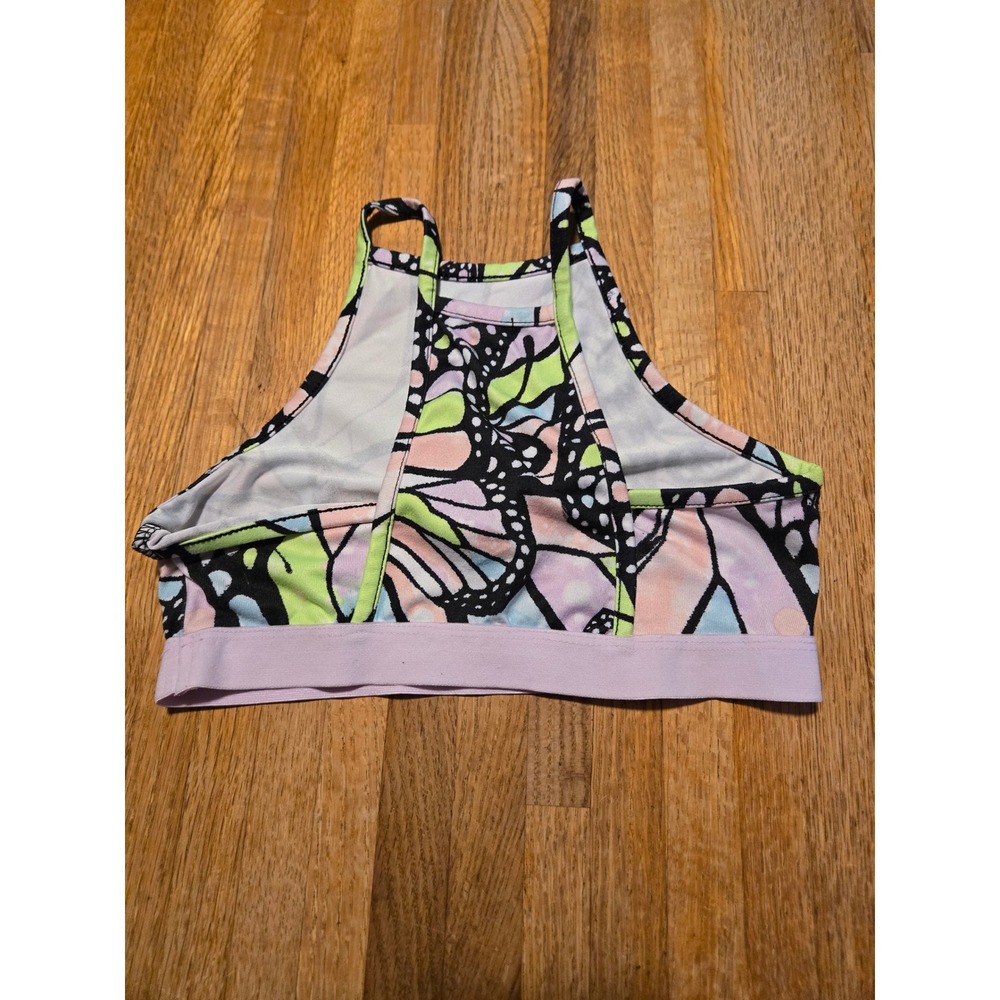 Justice Girls Small 7/8 Purple Green Pink Butterfly Print High Neck Sports Bra - Picture 8 of 8